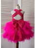 Hot Pink Lace Tulle Cross Back Knee Length Flower Girl Dress